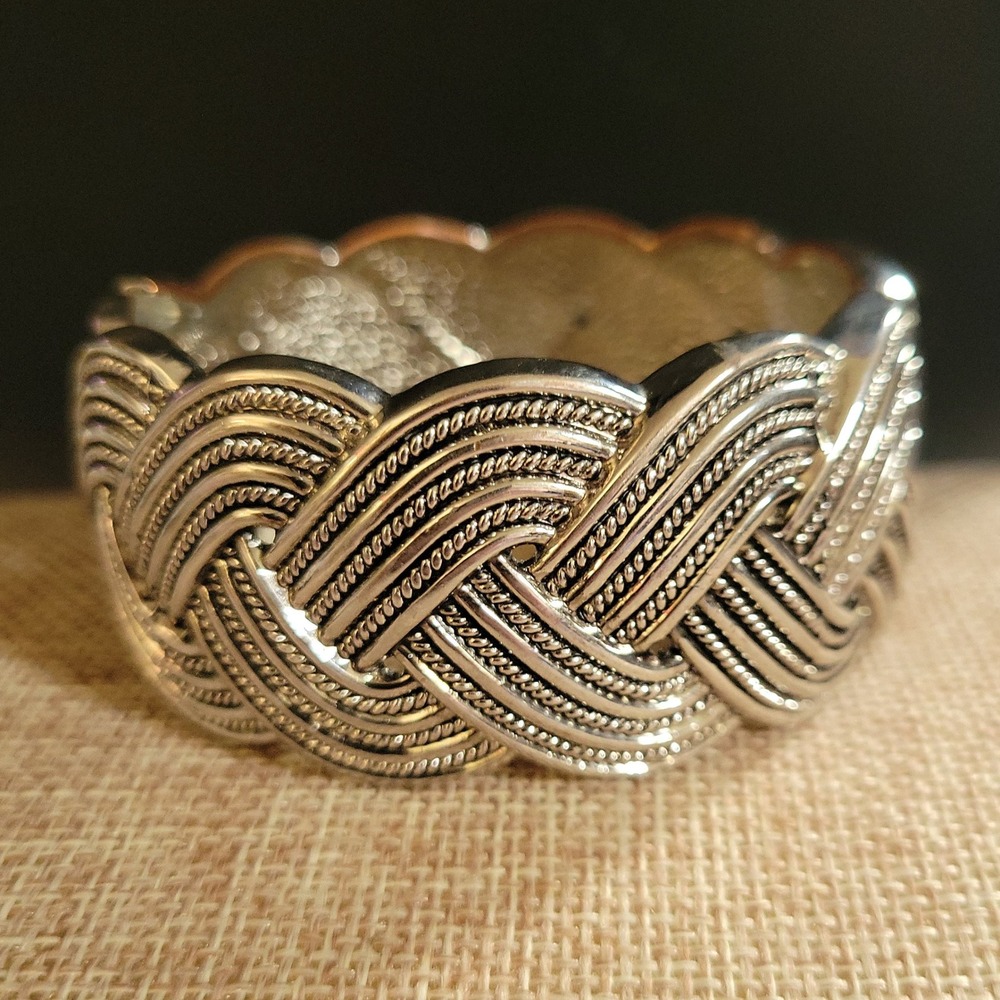 Braided Cable Hinged Cuff Silver Tone Bangle Statement Bracelet Size 7.25